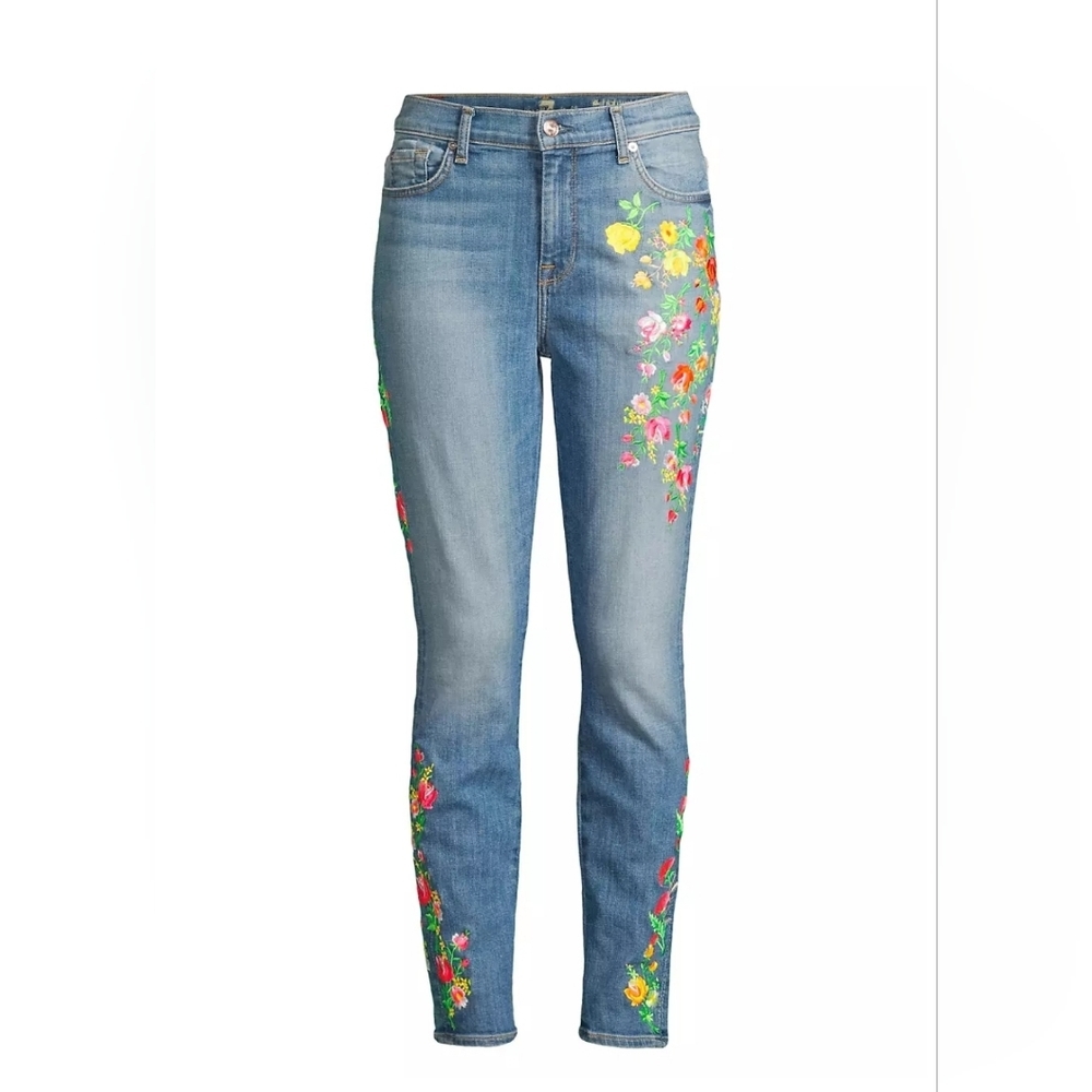 NWOT 7 For All Mankind High-Rise Embroidered Floral Skinny Ankle Jeans 27